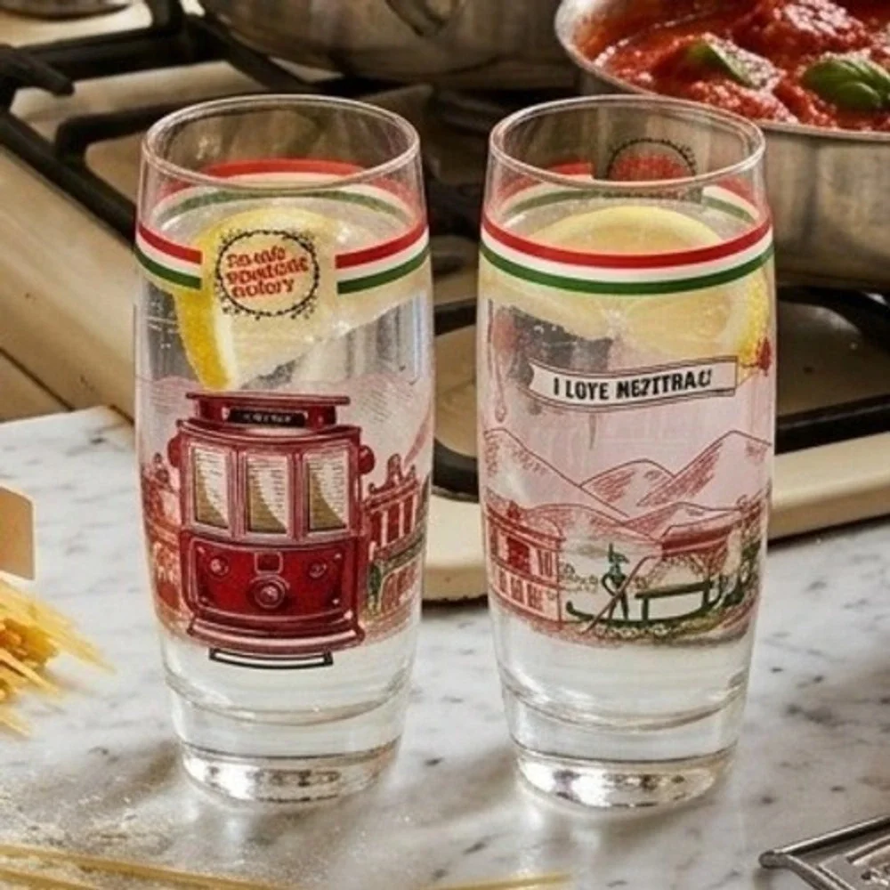 Vintage The Old Spaghetti Factory I Love Mizithra Trolley Drinking Glasses Set 2